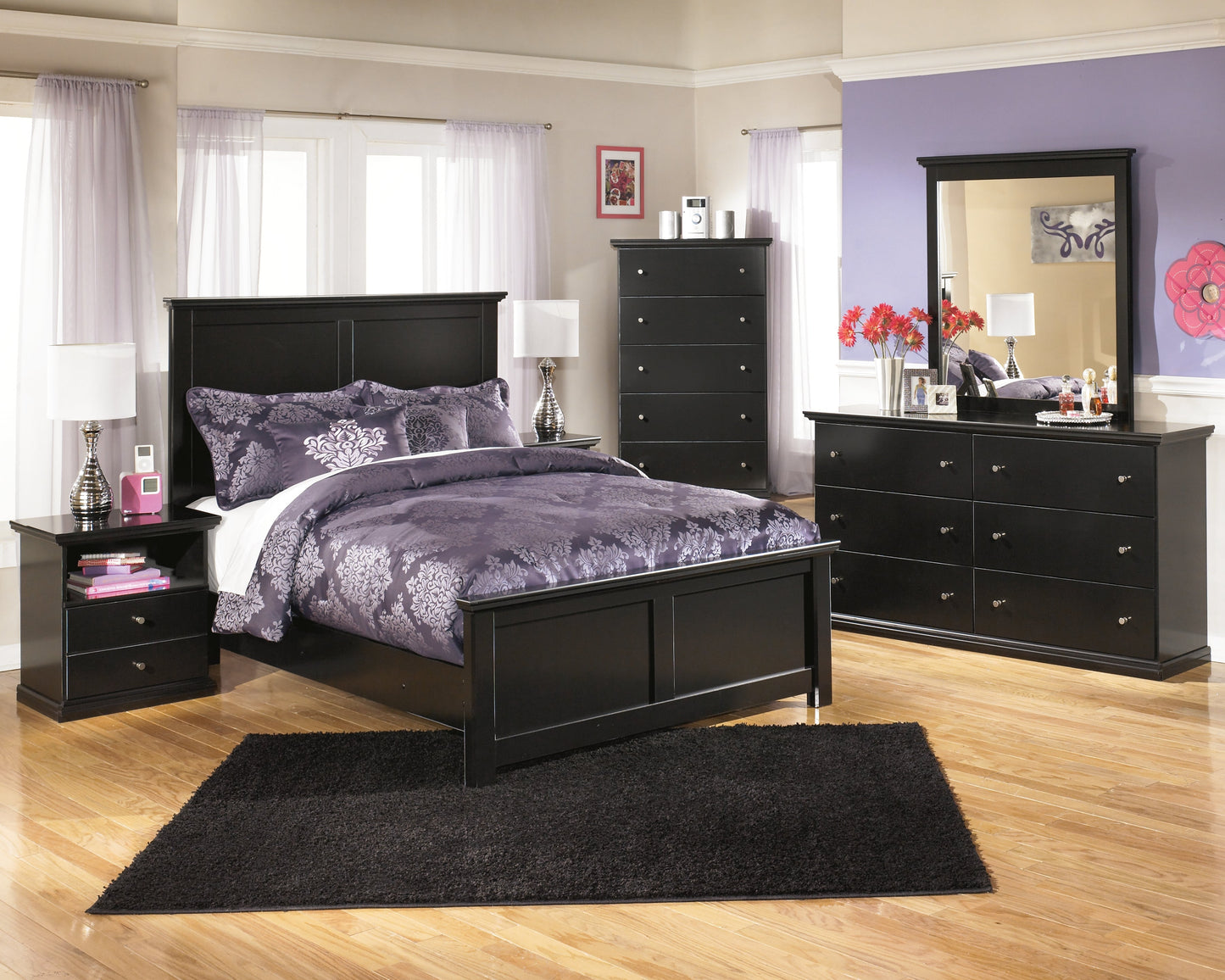 Maribel Black Full Panel Bedroom Set with Dresser, Mirror and Nightstand