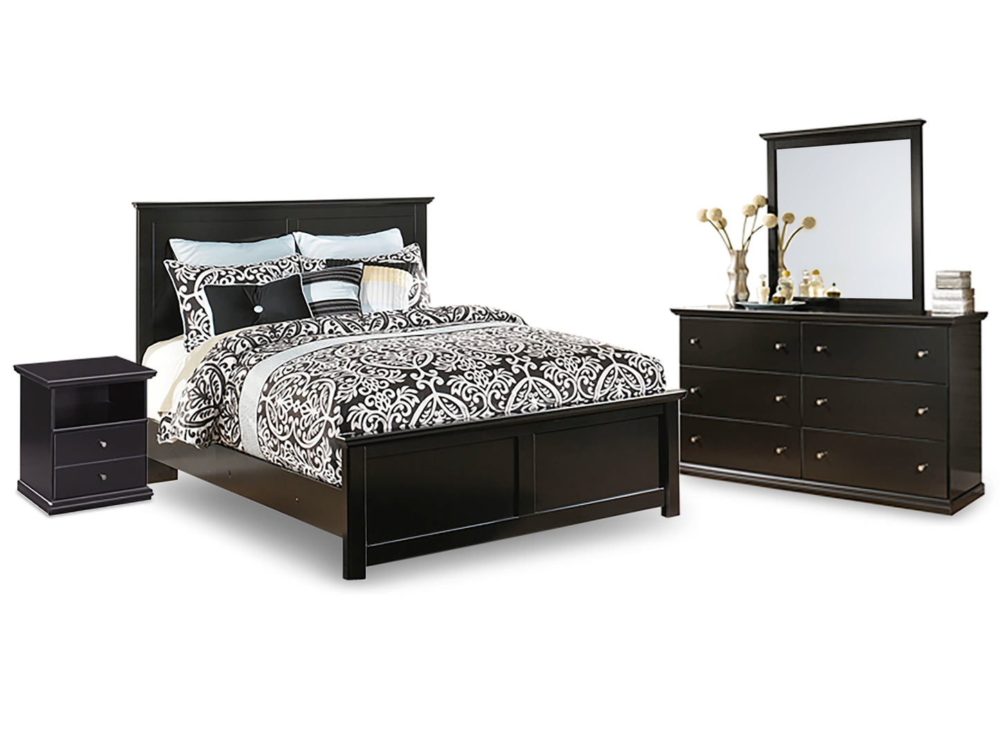 Maribel Black Queen Panel Bedroom Set with Dresser, Mirror and Nightstand