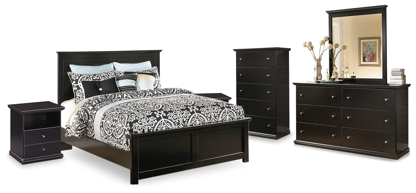 Maribel Black Queen Panel Bedroom Set with Dresser, Mirror, Chest and 2 Nightstands