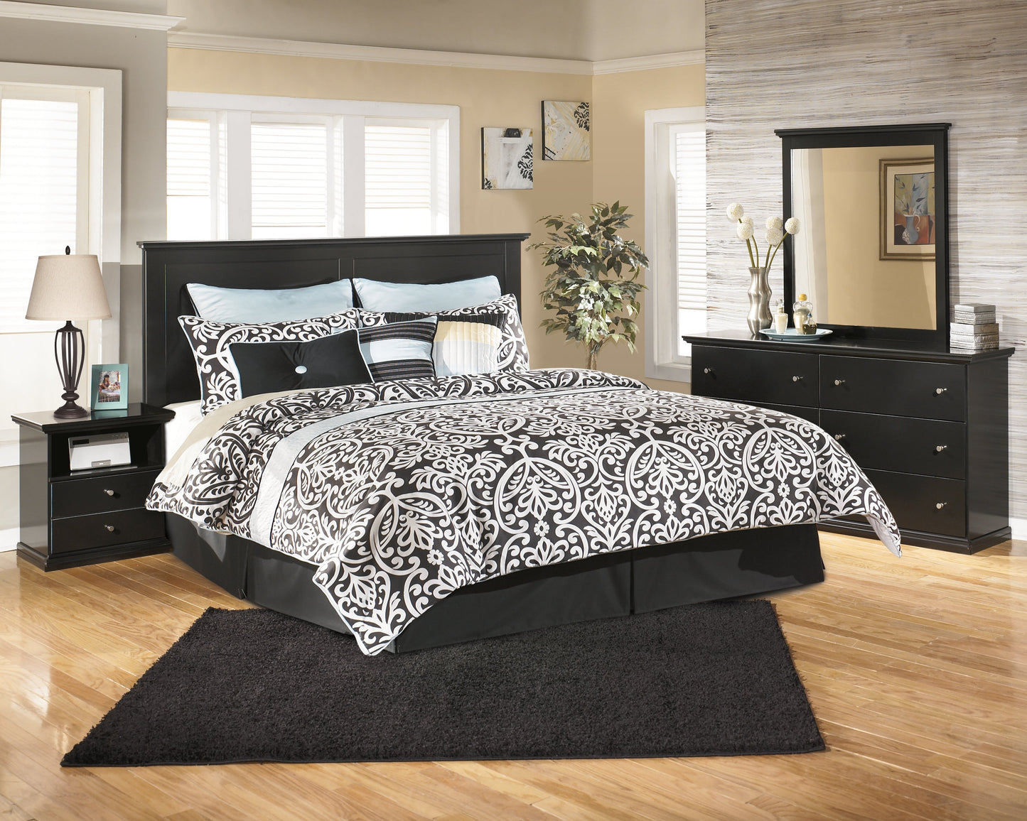 Maribel Black King/Cal King Panel Headboard, Dresser, Mirror and 2 Nightstands