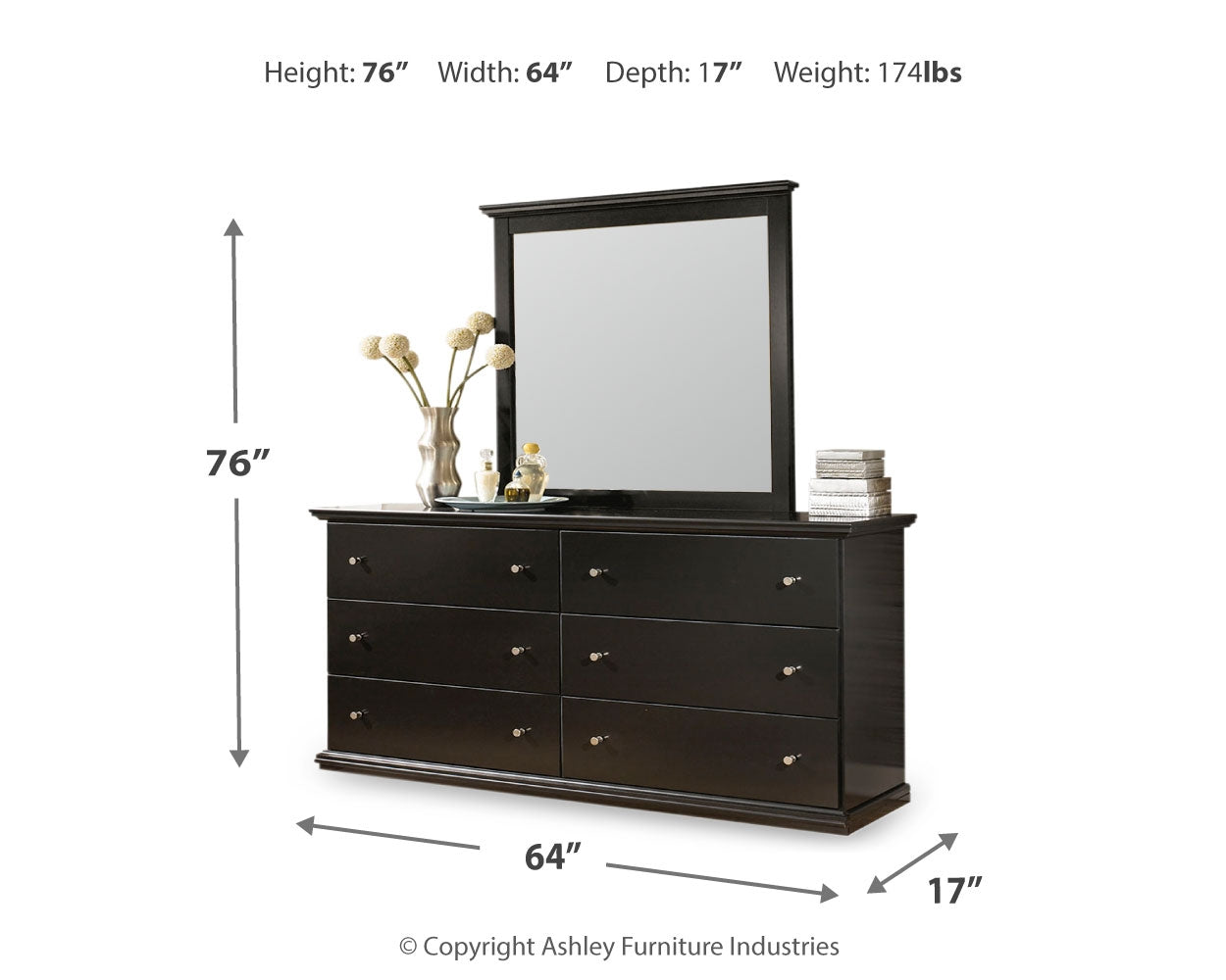 Maribel Black Queen Panel Bedroom Set with Dresser, Mirror, Chest and 2 Nightstands