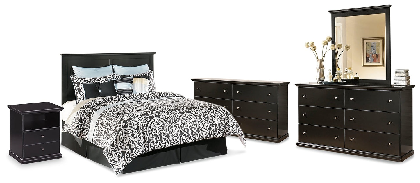 Maribel Black Queen Panel Headboard, 2 Dressers, Mirror and Nightstand