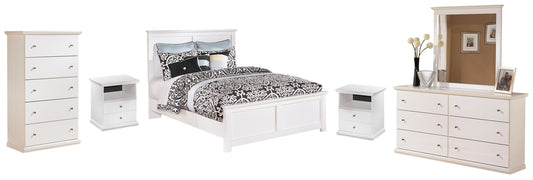 Bostwick Shoals White Queen Panel Bedroom Set with Mirrored Dresser, Chest and 2 Nightstands