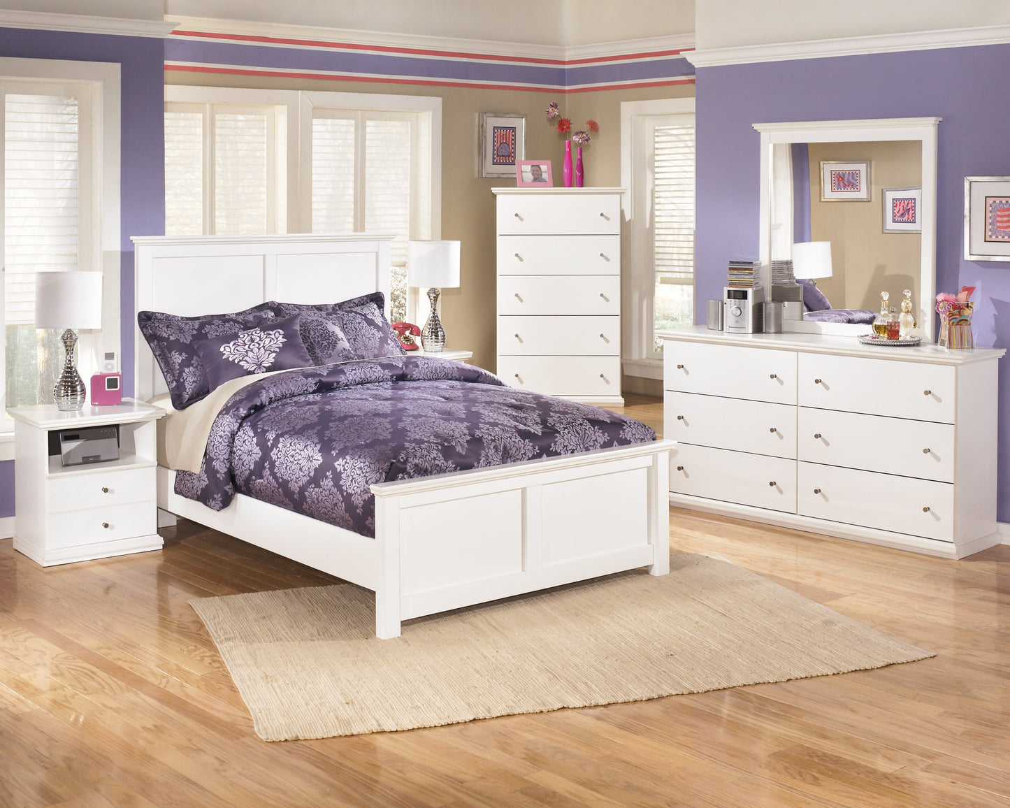 Bostwick Shoals White Full Panel Bedroom Set with Dresser, Mirror, Chest, and Nightstand