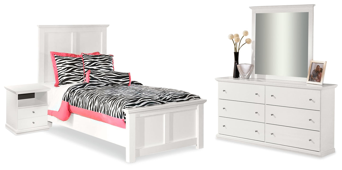 Bostwick Shoals White Twin Panel Bedroom Set with Dresser, Mirror and Nightstand