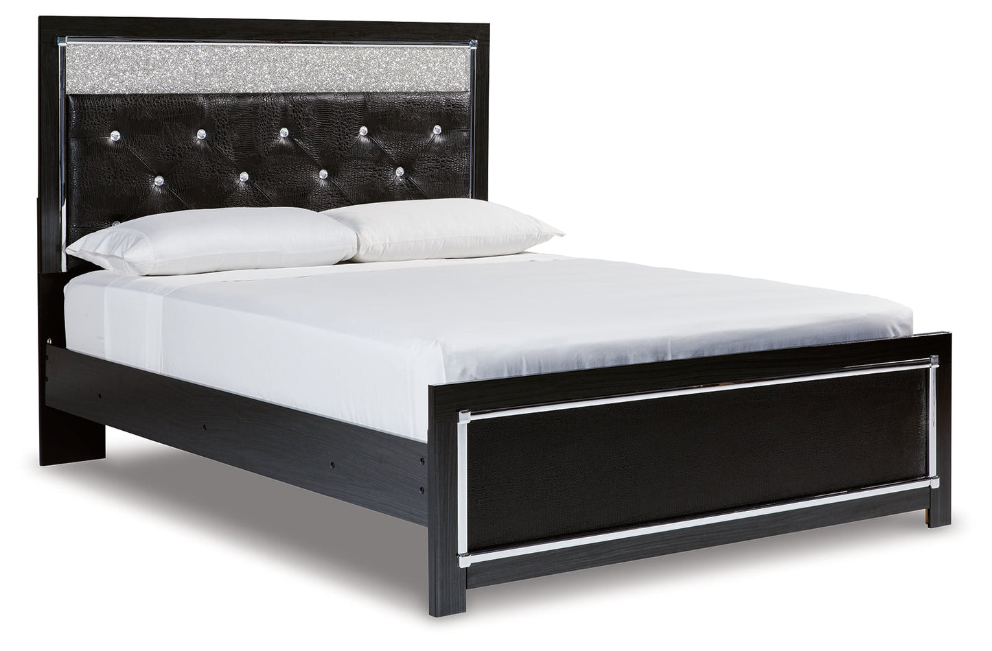 Kaydell Black Queen Upholstered Panel Bedroom Set with Dresser, Mirror and Nightstand