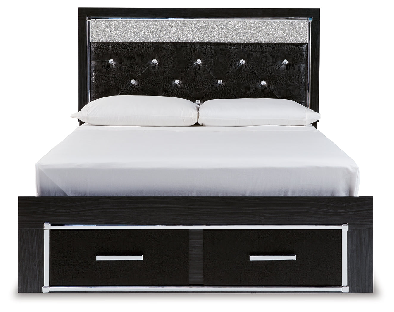 Kaydell Black Queen Upholstered Storage Bedroom Set with Dresser, Mirror and Nightstand