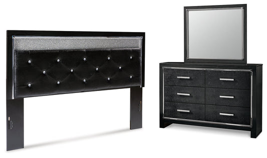 Kaydell King Upholstered Panel Headboard, Dresser and Mirror