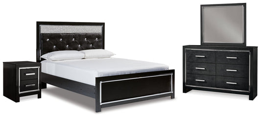 Kaydell Black Queen Upholstered Panel Bedroom Set with Dresser, Mirror and Nightstand