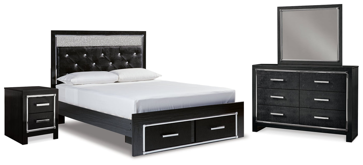 Kaydell Black Queen Upholstered Storage Bedroom Set with Dresser, Mirror and Nightstand