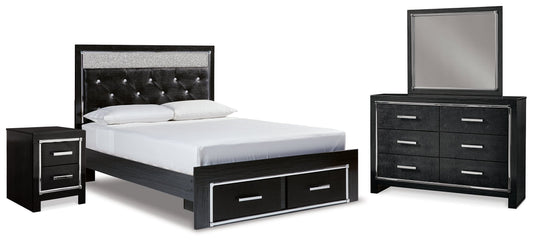 Kaydell Black Queen Upholstered Storage Bedroom Set with Dresser, Mirror and Nightstand