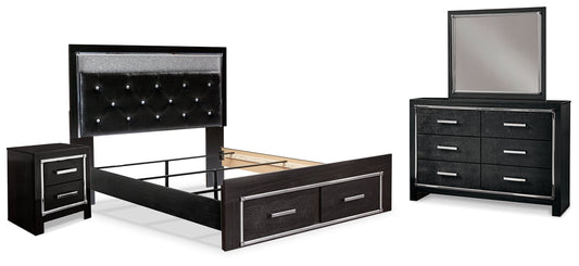 Kaydell Black Queen Upholstered Panel Bedroom Set with Dresser, Mirror and Nightstand