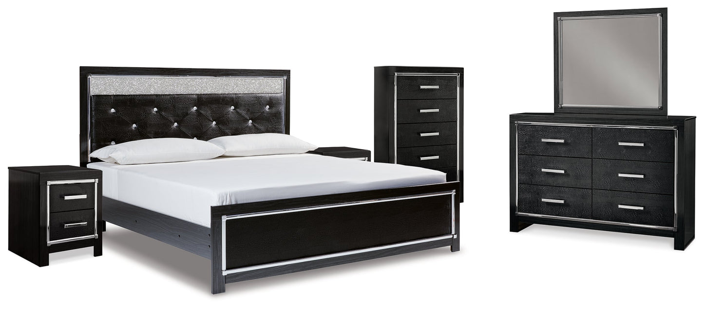 Kaydell Black King Upholstered Panel Bed , Dresser, Mirror, Chest and 2 Nightstands