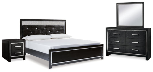 Kaydell Black King Upholstered Panel Bedroom Set with Dresser, Mirror and Nightstand