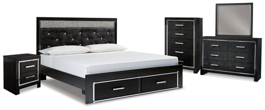 Kaydell Black King Panel Storage Bedroom Set with Dresser, Mirror, Chest and Nightstand