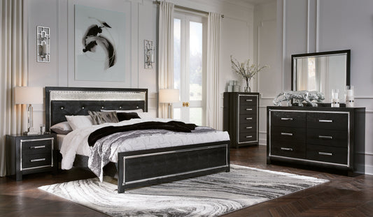 Kaydell Black King Upholstered Panel Bed , Dresser, Mirror, Chest and 2 Nightstands