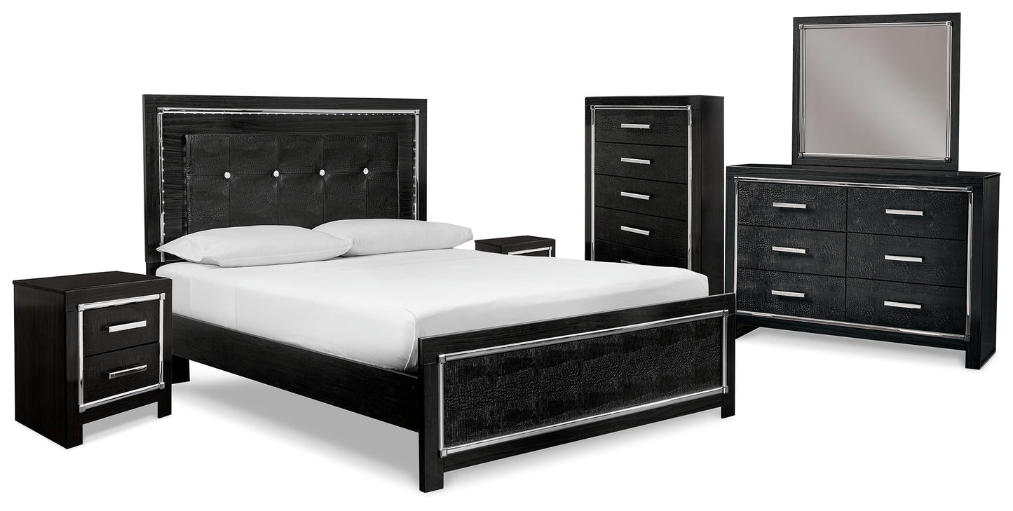 Kaydell Black Queen Upholstered Panel Bedroom Set with Dresser, Mirror, Chest and 2 Nightstands