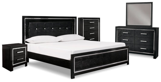 Kaydell Black King Upholstered Panel Bedroom Set with Dresser, Mirror, Chest and Nightstand