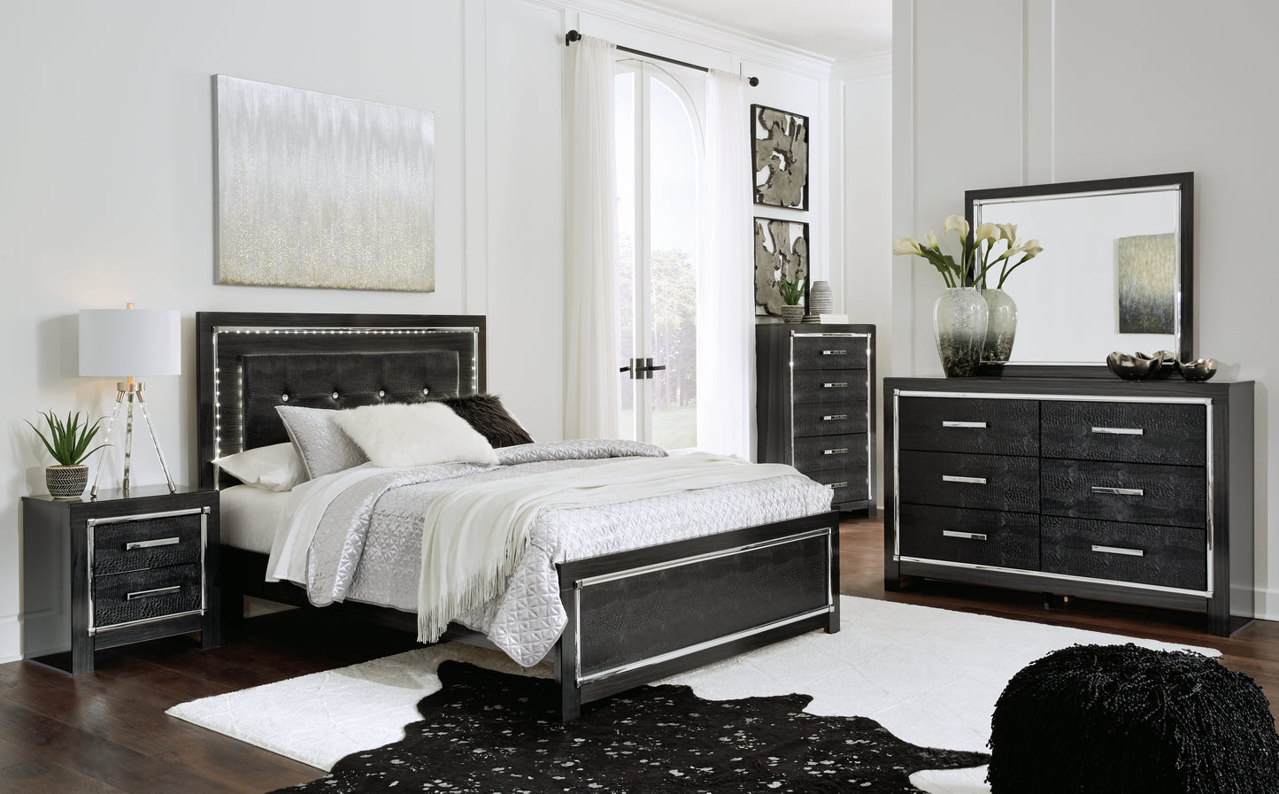 Kaydell Black Queen Upholstered Panel Bedroom Set with Dresser, Mirror, Chest and 2 Nightstands