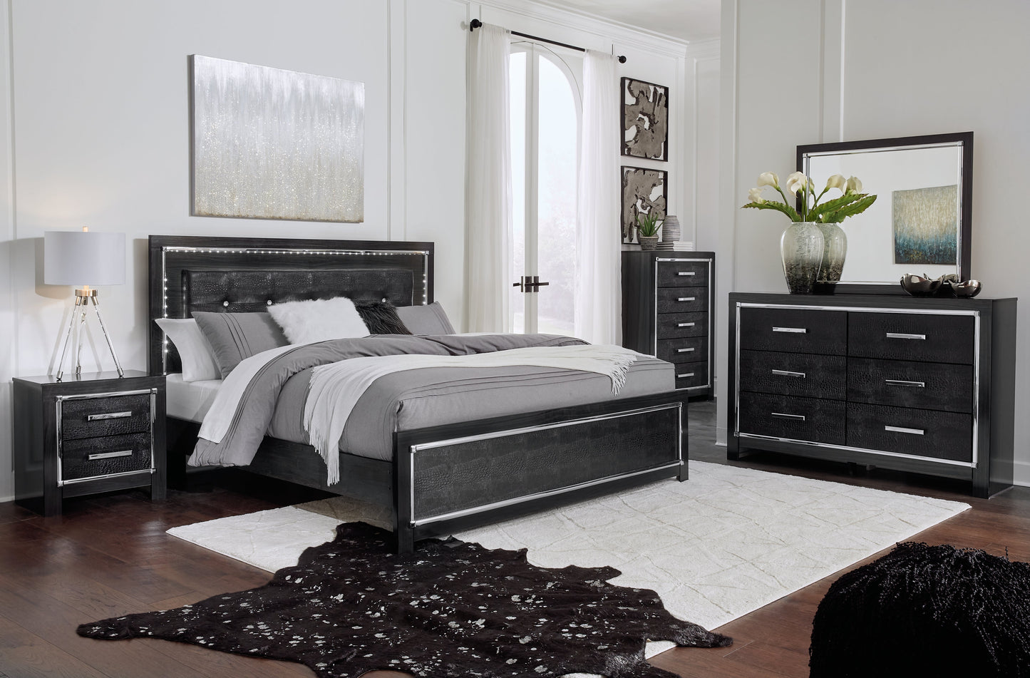 Kaydell Black King Upholstered Panel Bedroom Set with Dresser and Mirror