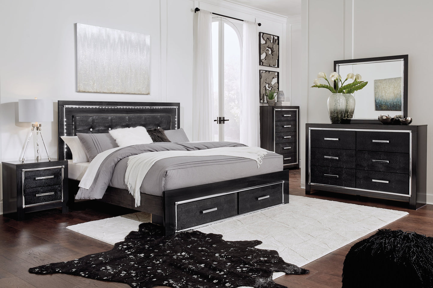 Kaydell Black King Upholstered Storage Bedroom Set with Dresser, Mirror, Chest and 2 Nightstands