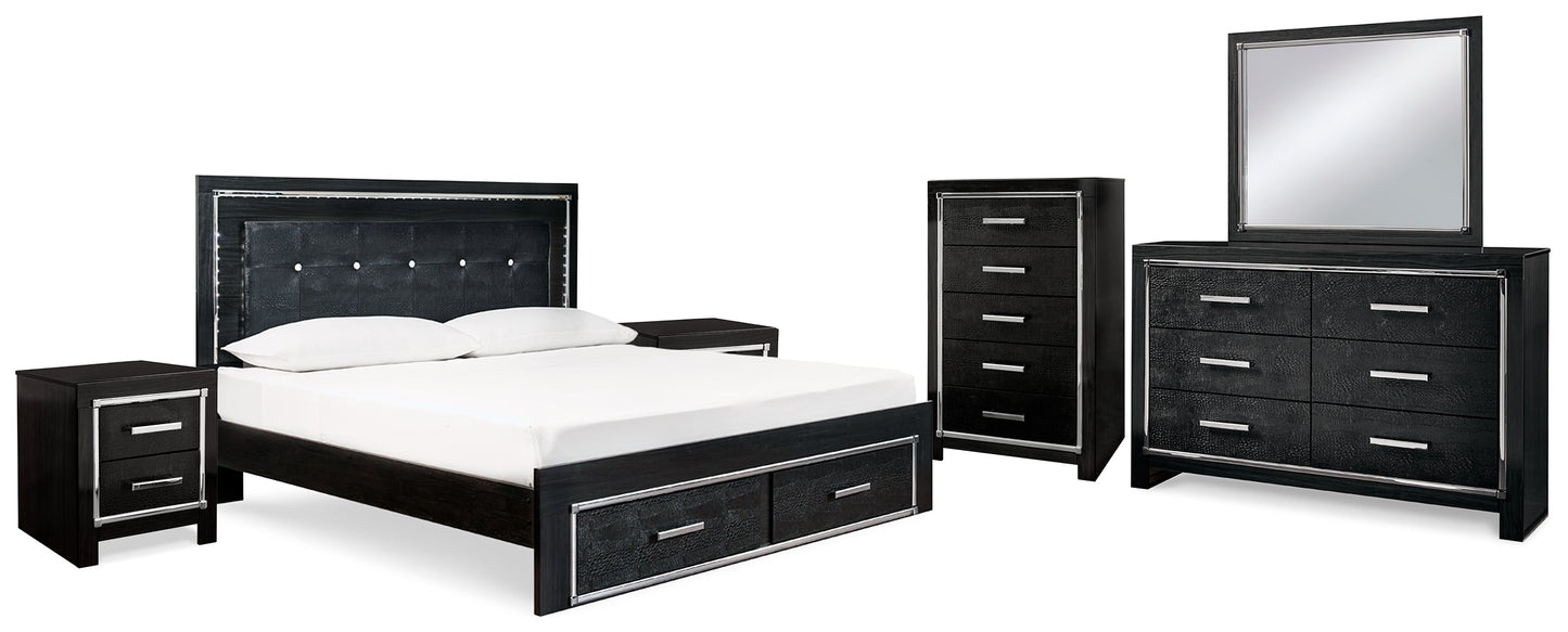 Kaydell Black King Upholstered Storage Bedroom Set with Dresser, Mirror, Chest and 2 Nightstands