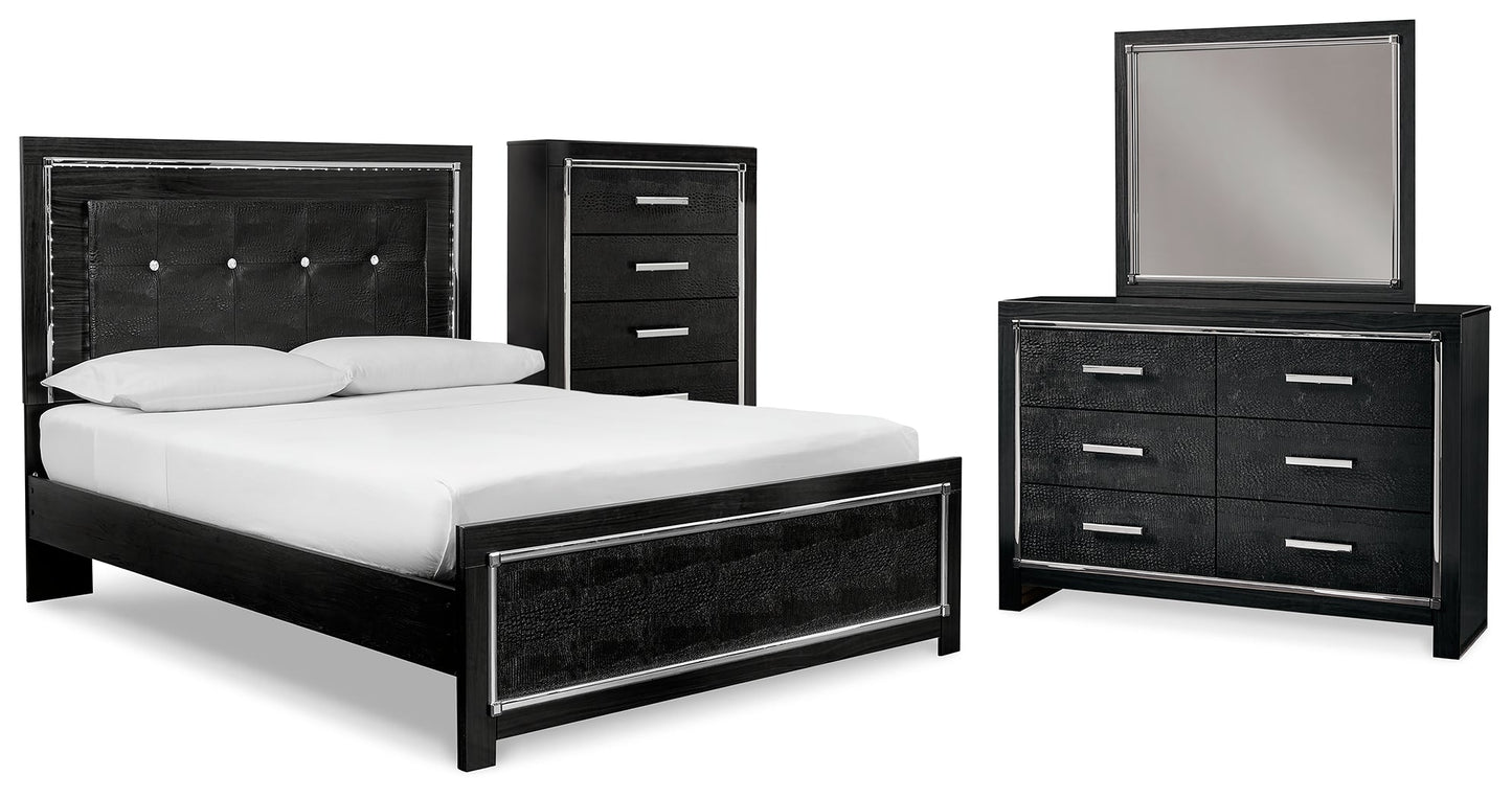 Kaydell Black Queen Upholstered Panel Bedroom Set with Dresser, Mirror and Chest