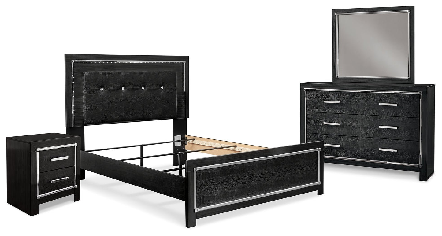 Kaydell Black Queen Upholstered Panel Bedroom Set with Dresser, Mirror and Nightstand