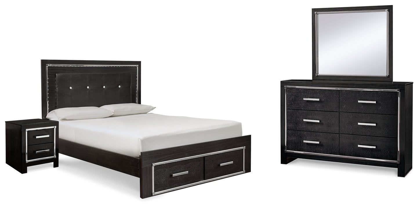 Kaydell Black Queen Panel Storage Bedroom Set with Dresser, Mirror and Nightstand