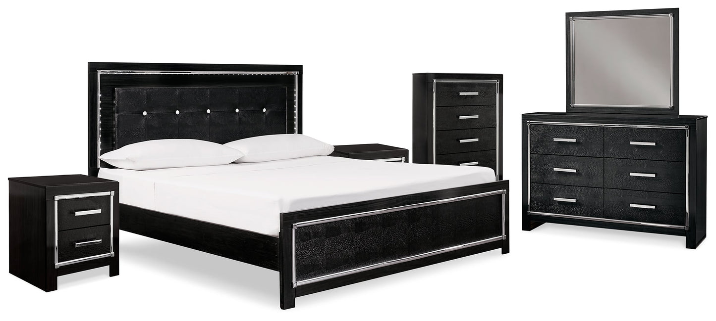 Kaydell Black King Upholstered Panel Bed , Dresser, Mirror, Chest and 2 Nightstands