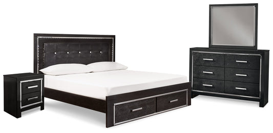 Kaydell Black King Upholstered Panel Bedroom Set with Dresser, Mirror and Nightstand