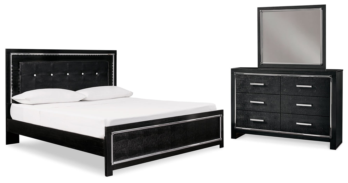 Kaydell Black King Upholstered Panel Bedroom Set with Dresser and Mirror