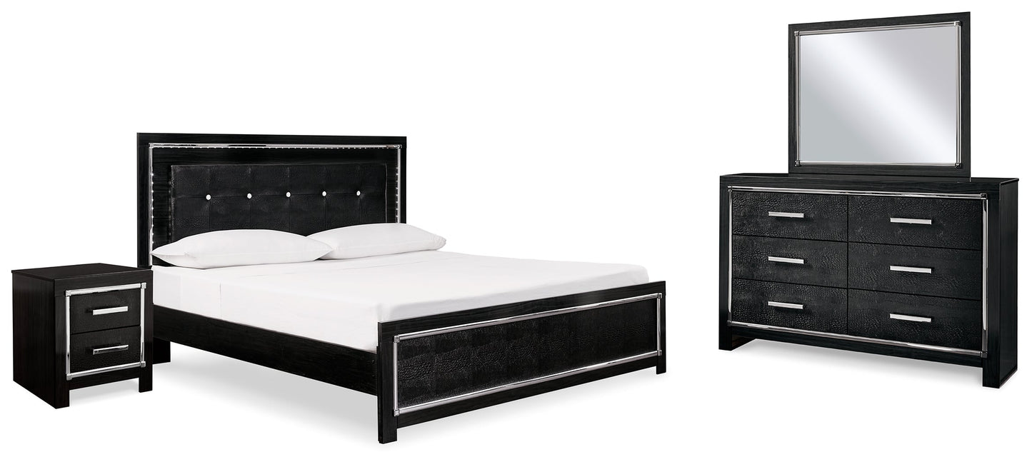 Kaydell Black King Upholstered Panel Bedroom Set with Dresser, Mirror, and Nightstand