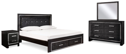 Kaydell Black King Panel Storage Bedroom Set with Dresser, Mirror and Nightstand