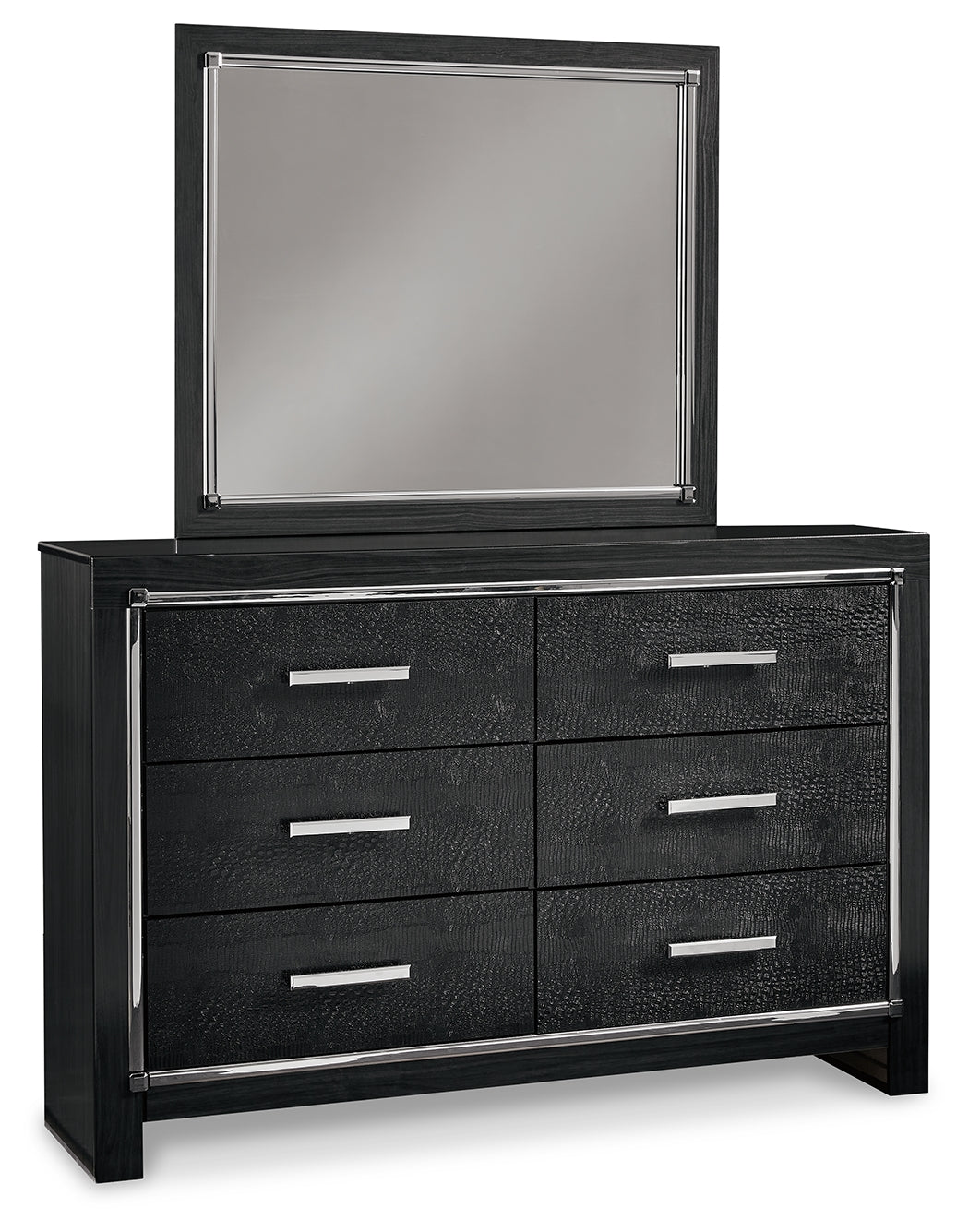 Kaydell Black King Upholstered Panel Bed , Dresser, Mirror, Chest and 2 Nightstands