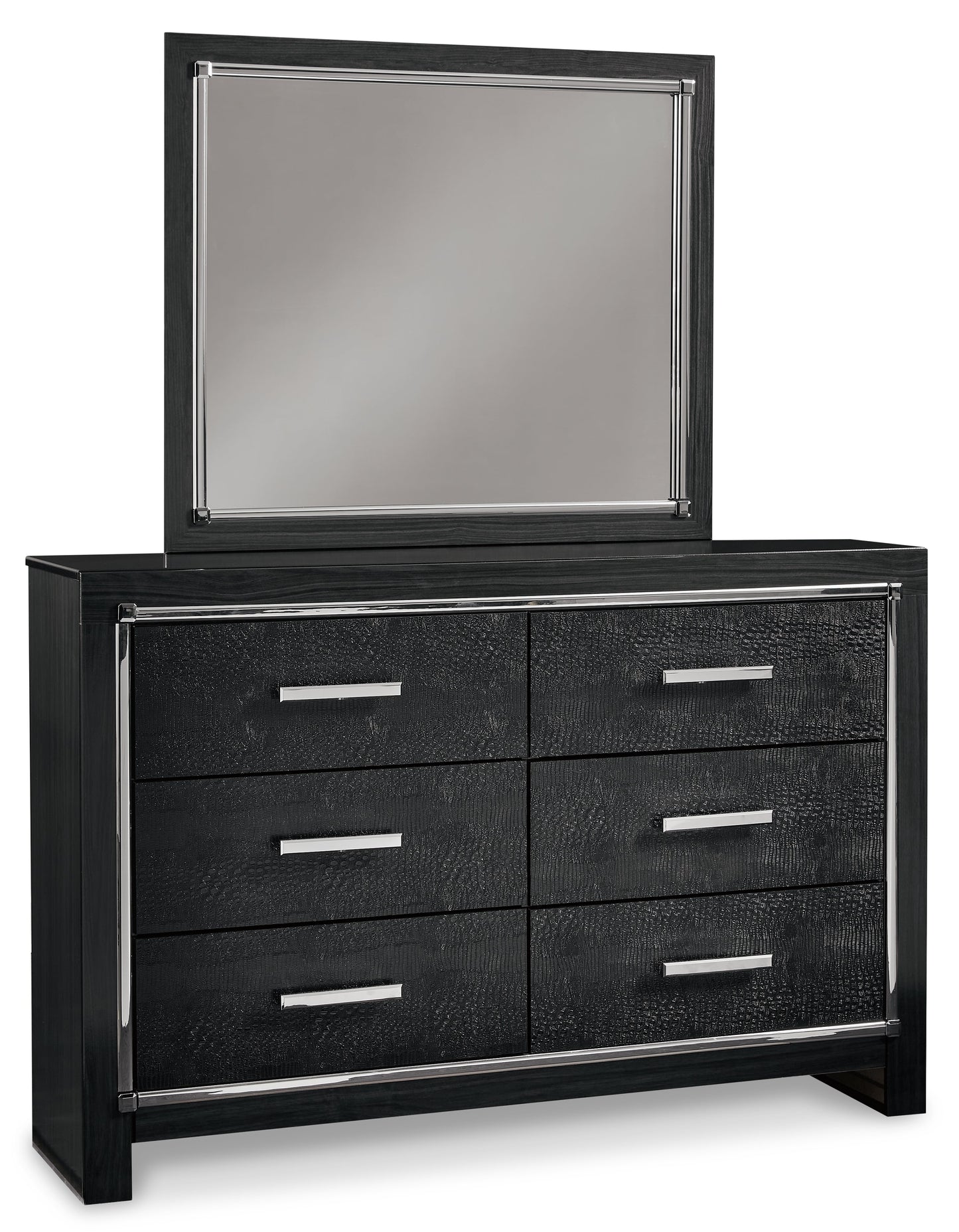 Kaydell Black Queen Upholstered Panel Bedroom Set with Dresser, Mirror and Nightstand