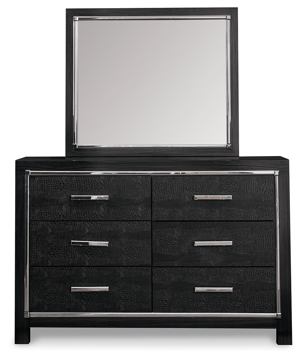 Kaydell Black King Upholstered Panel Bed , Dresser, Mirror, Chest and 2 Nightstands