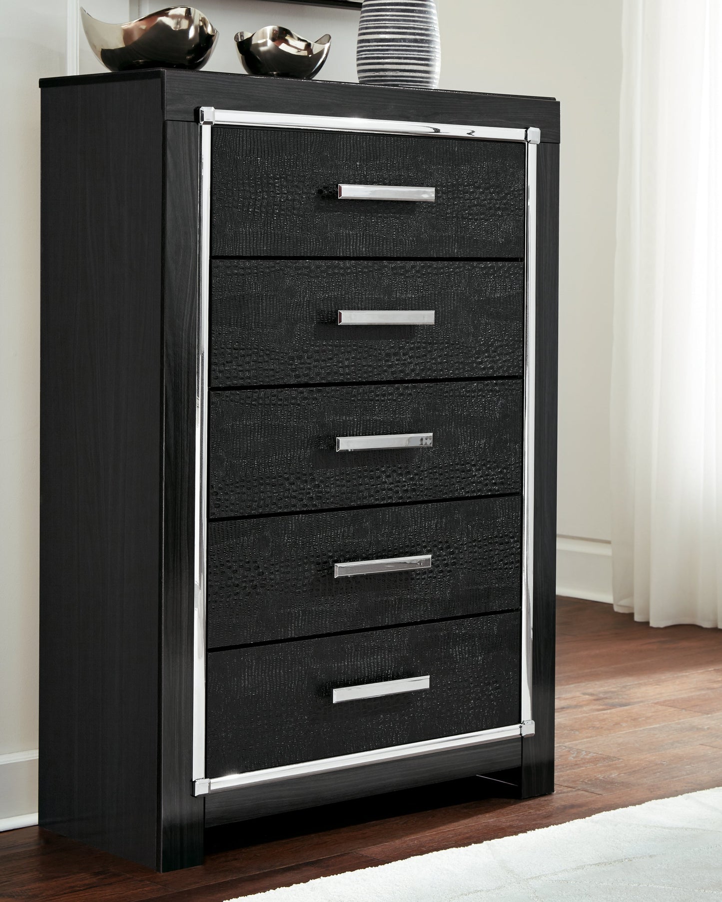 Kaydell Black King Upholstered Panel Bedroom Set with Dresser, Mirror, Chest and Nightstand