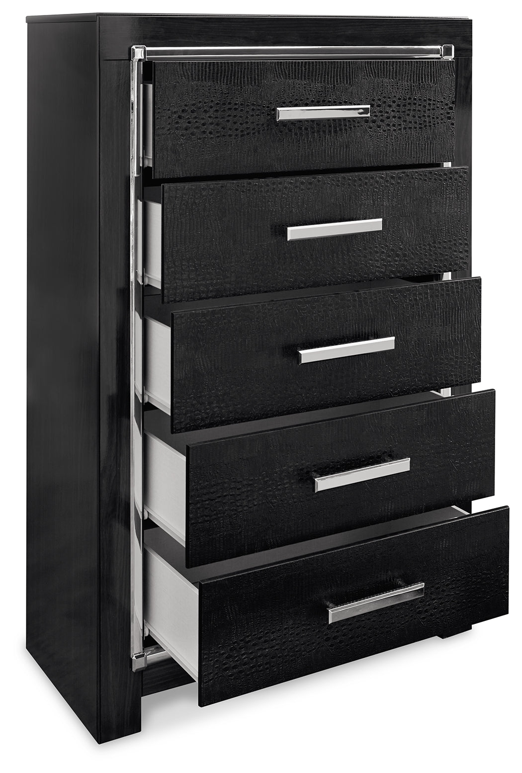 Kaydell Black King Panel Storage Bedroom Set with Dresser, Mirror, Chest and Nightstand