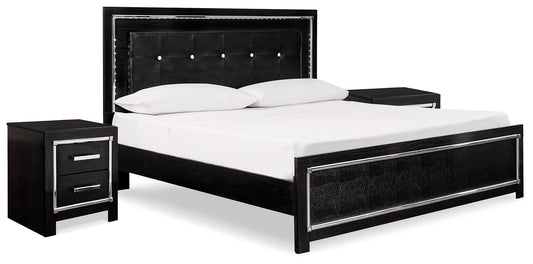 Kaydell Black King Upholstered Panel Bedroom Set with 2 Nightstands