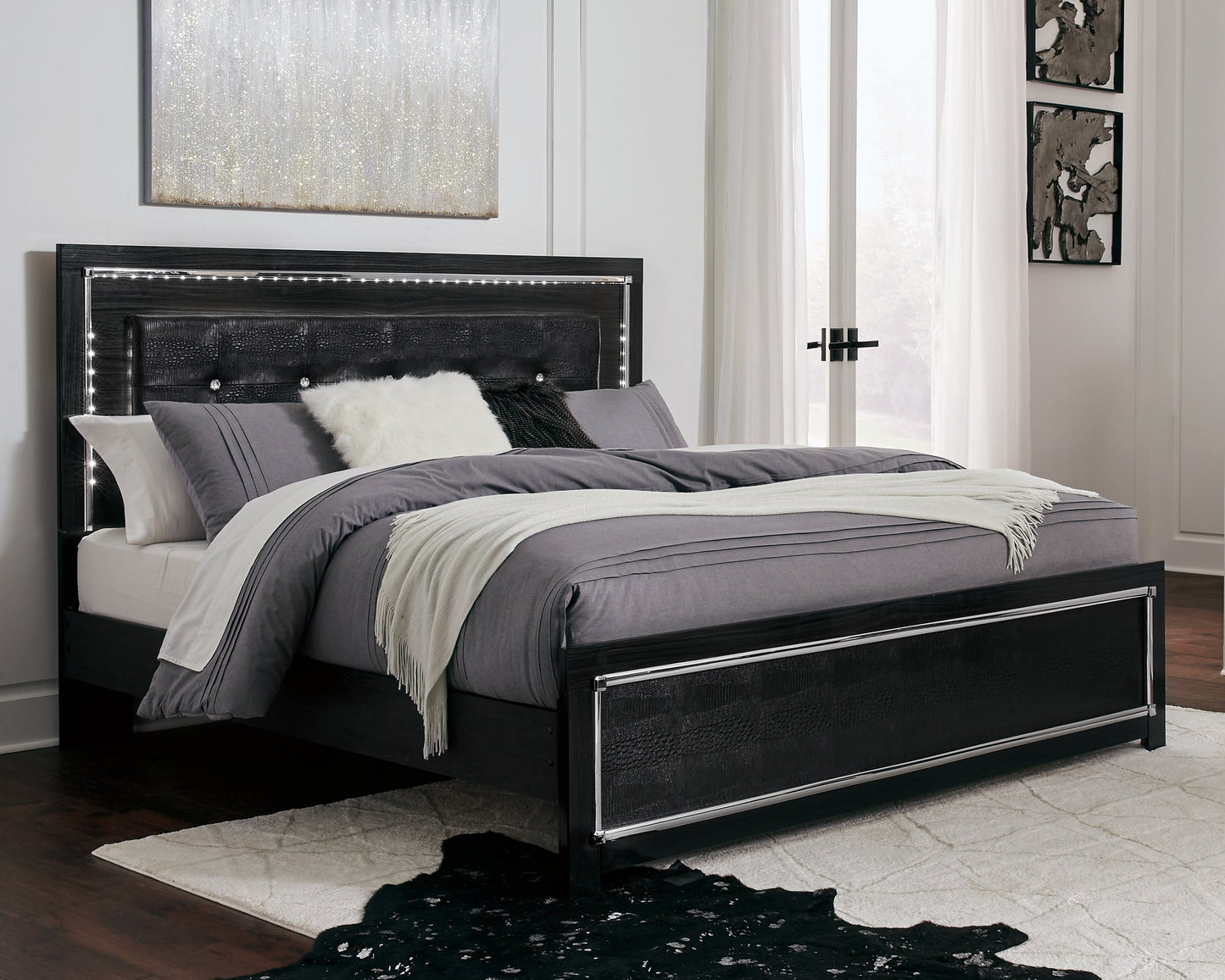 Kaydell Black King Upholstered Panel Bedroom Set with 2 Nightstands