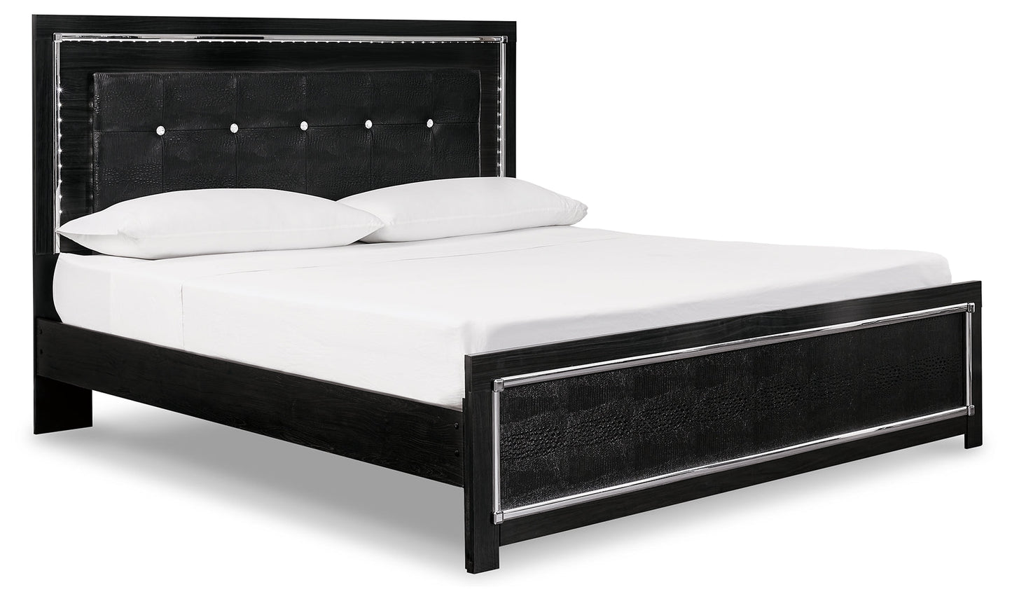 Kaydell Black King Upholstered Panel Bedroom Set with Dresser, Mirror and Nightstand