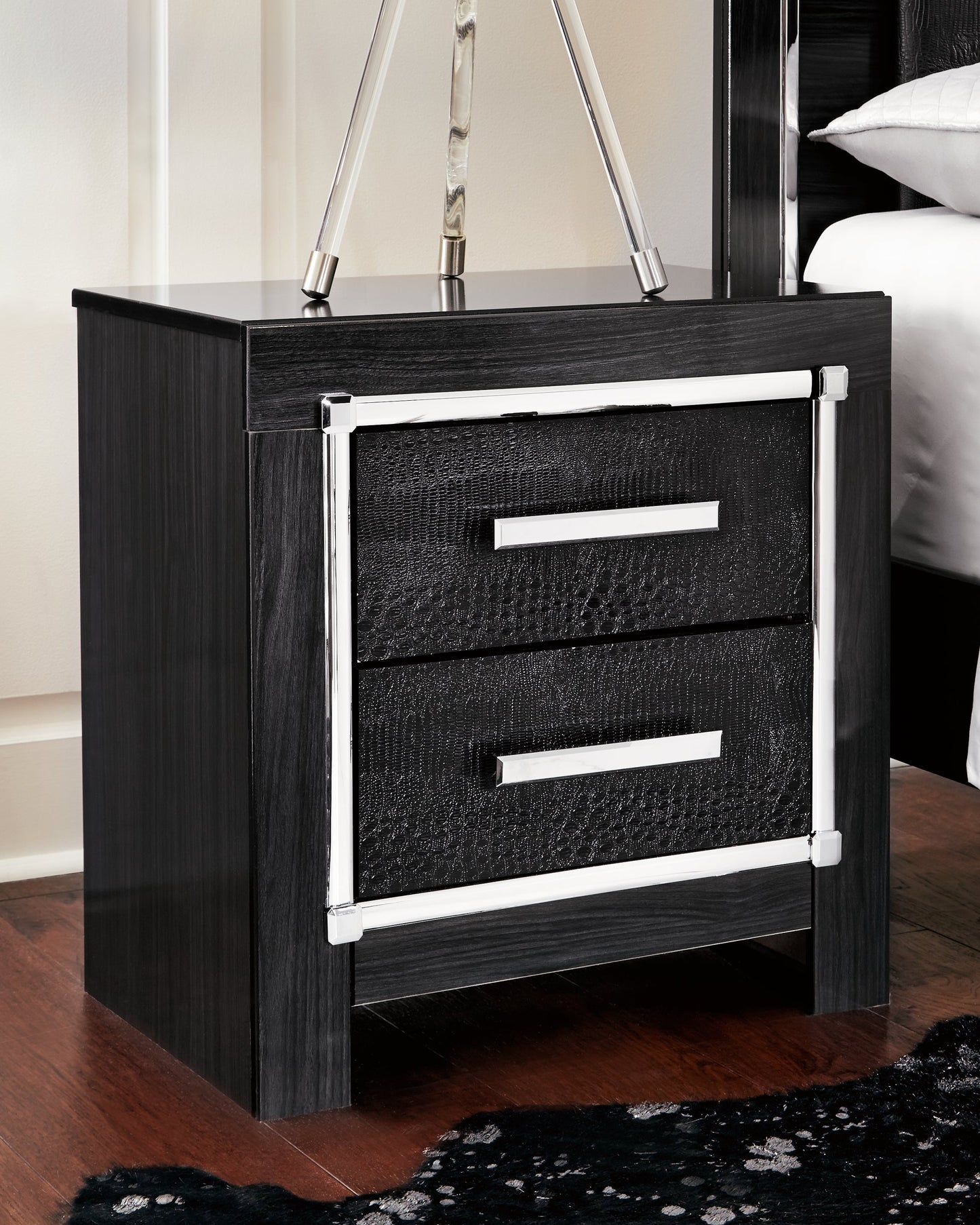 Kaydell Black King Upholstered Panel Bedroom Set with Dresser, Mirror, Chest and Nightstand