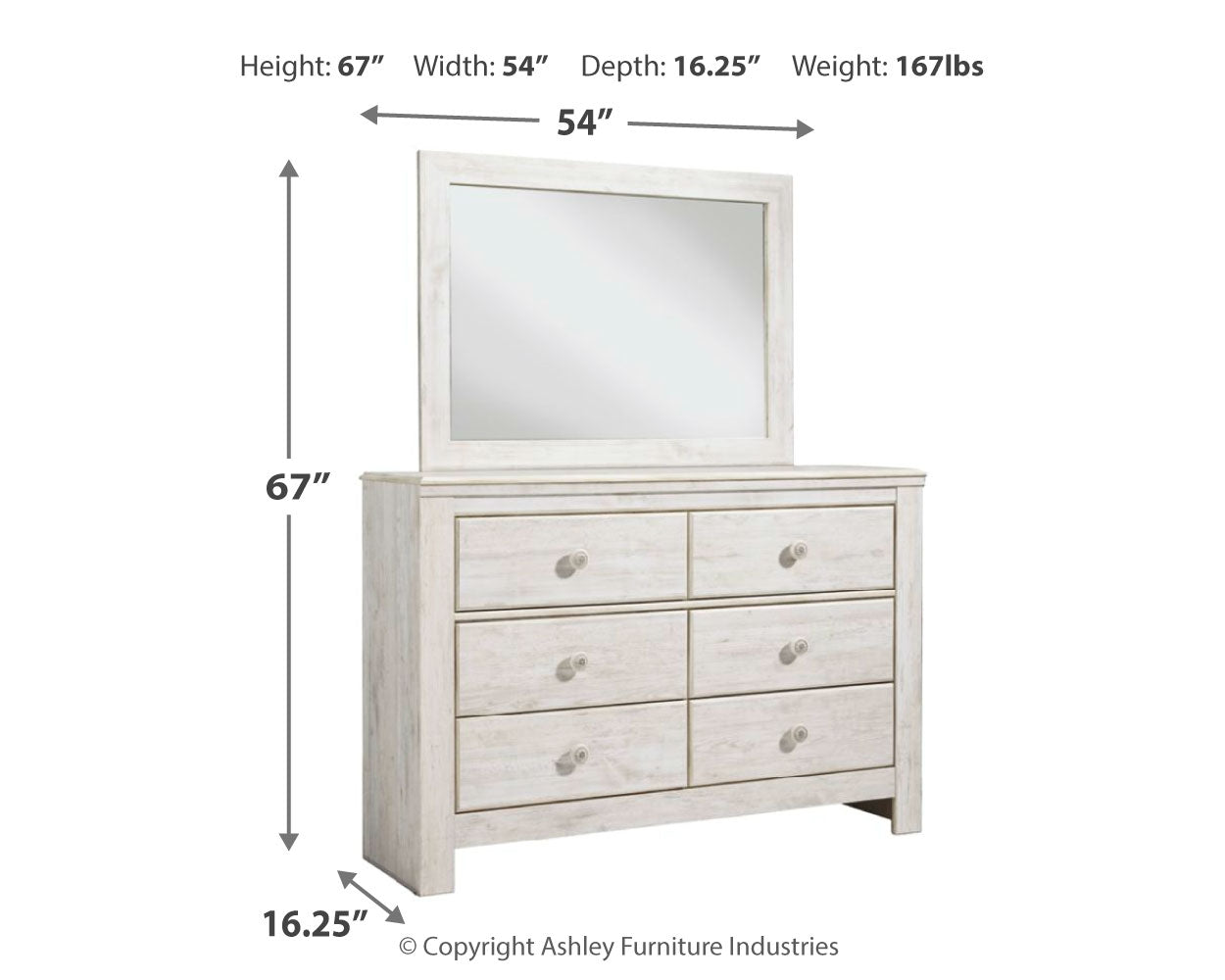 Paxberry Whitewash Full Panel Bedroom Set with Dresser, Mirror and Chest