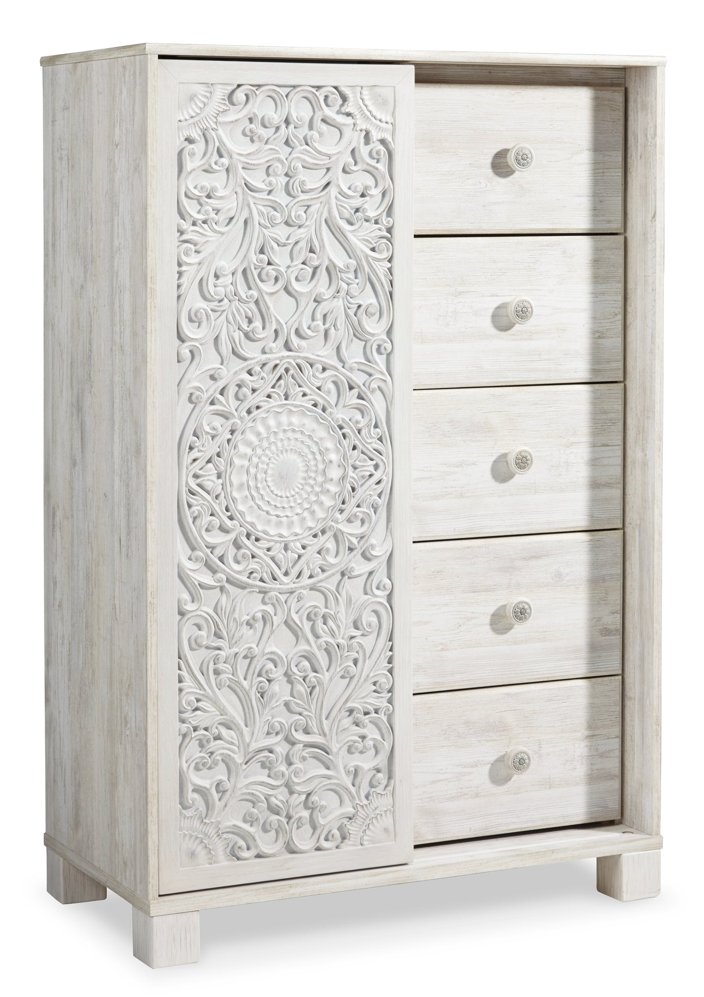 Paxberry Whitewash Full Panel Bedroom Set with Dresser, Mirror and Chest