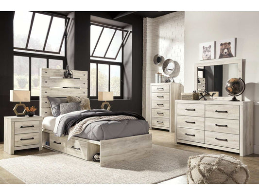 Cambeck Whitewash Twin Panel Bedroom Set w/ 4 Storage Drawers