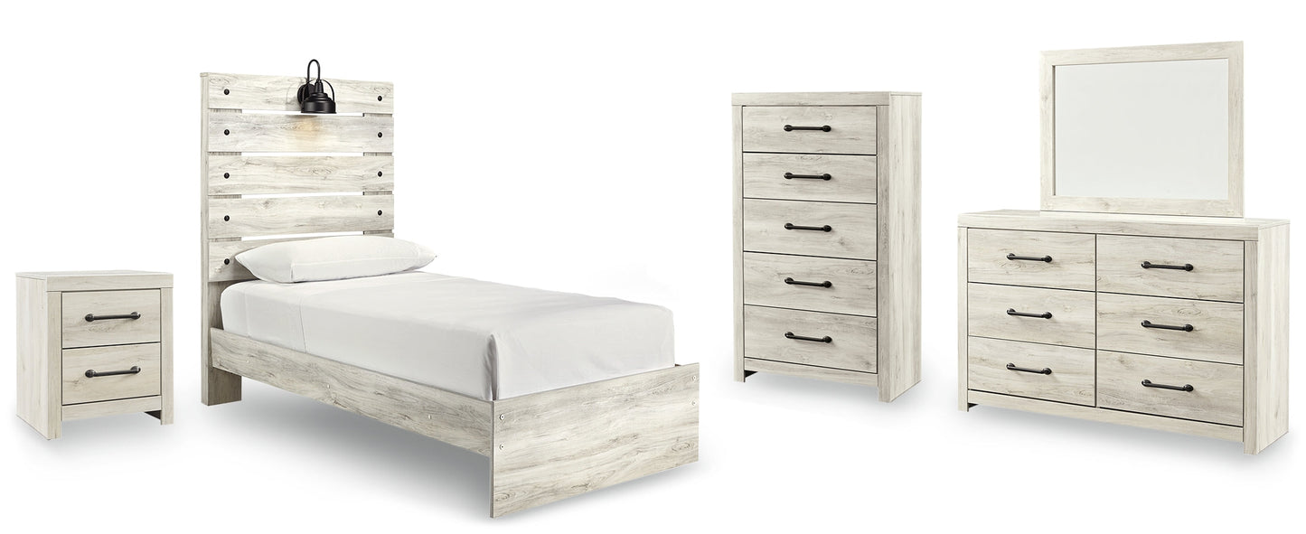 Cambeck Whitewash Twin Panel Bedroom Set with Dresser, Mirror, Chest, and Nightstand