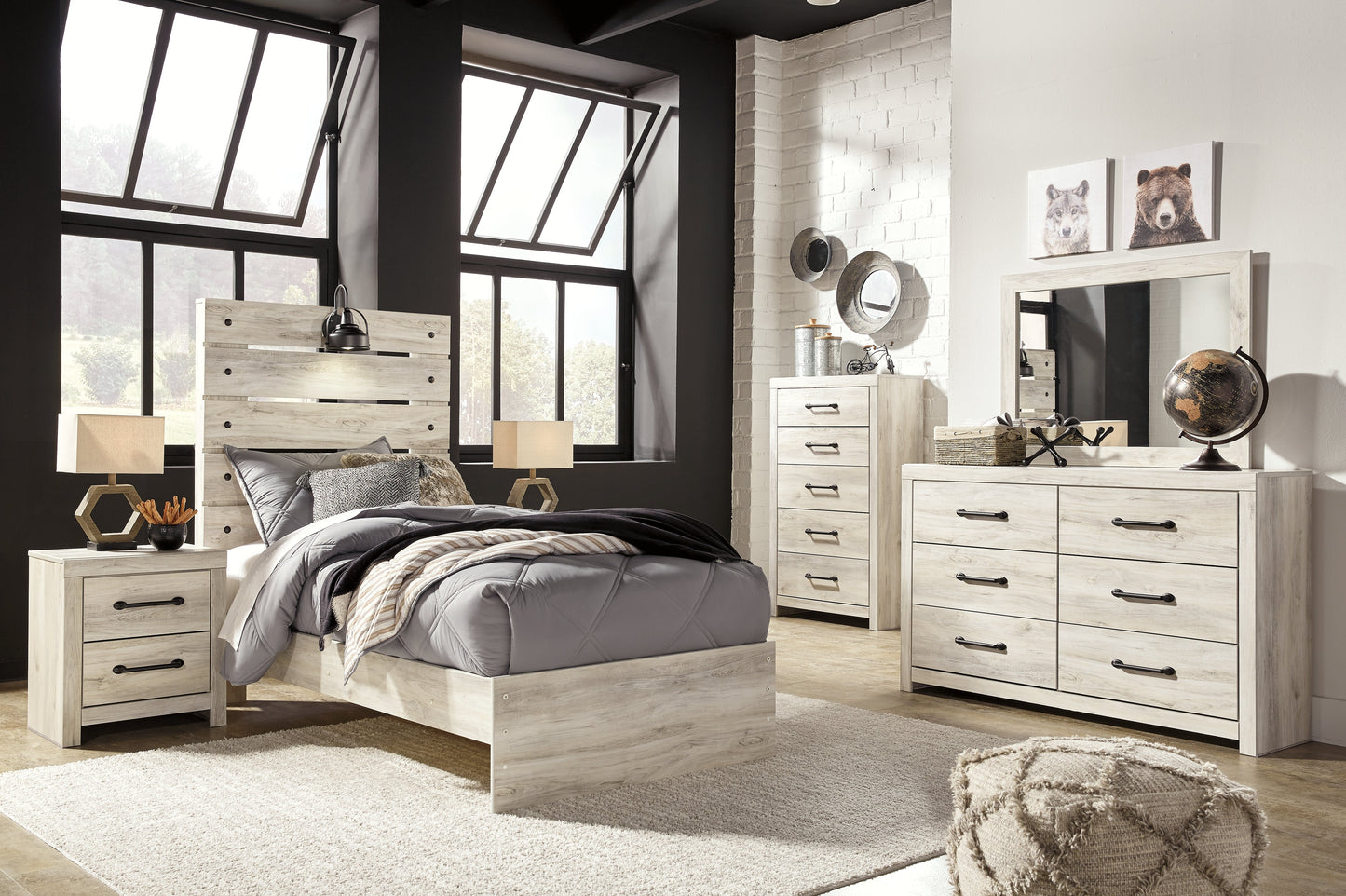 Cambeck Whitewash Twin Panel Bedroom Set with Dresser, Mirror, Chest, and Nightstand