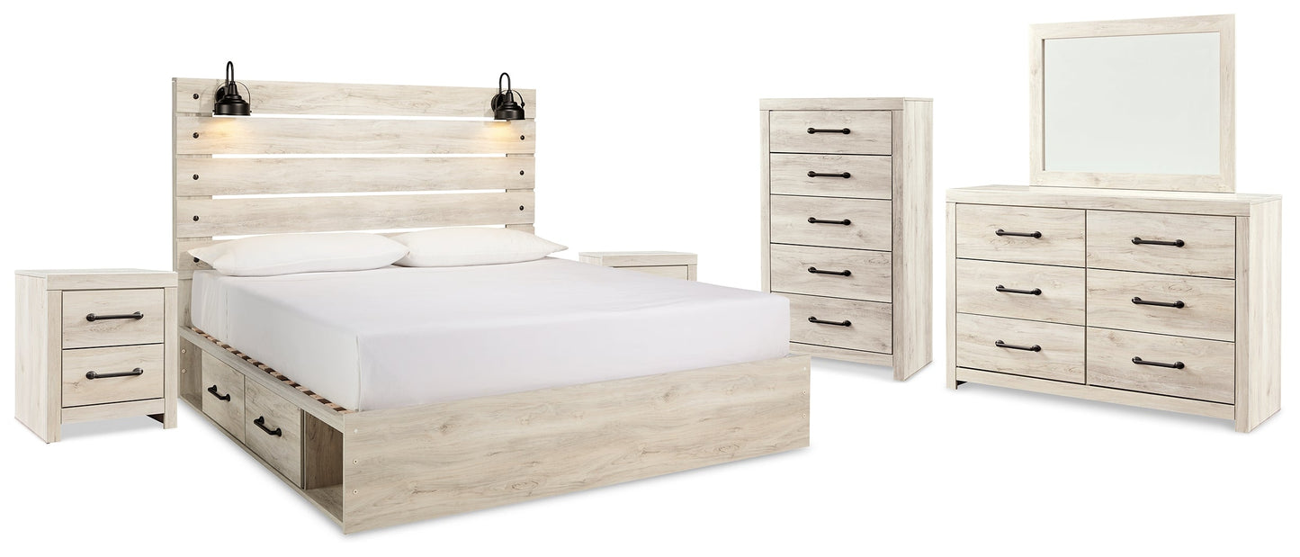 Cambeck Whitewash King Panel Bedroom Set with Storage, Dresser, Mirror, Chest and 2 Nightstands