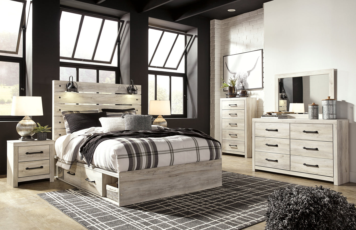 Cambeck Whitewash Queen Panel Bedroom Set with Storage, Dresser, Mirror and 2 Nightstands